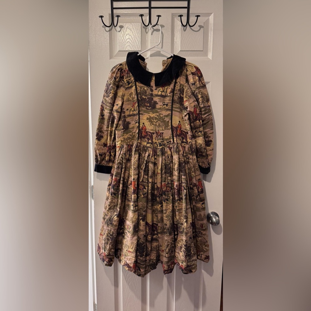 Vintage-Inspired Horse & Hunt Print Dress in Olive and Brown